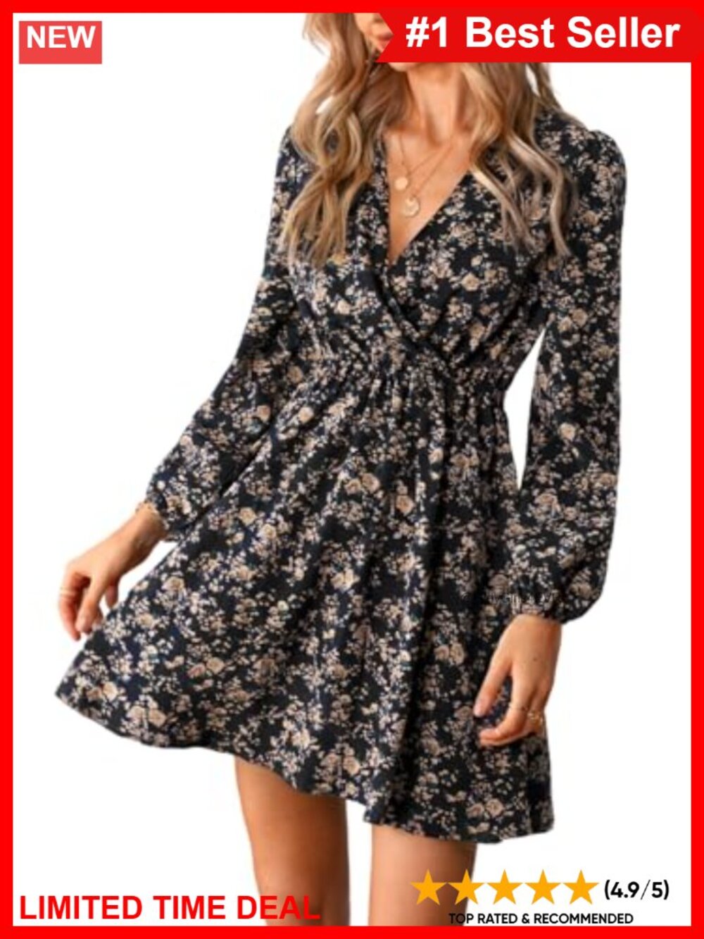 Floral Ruffle Mini Dress Surplice V Neck Peasant Sleeve Casual Vacation